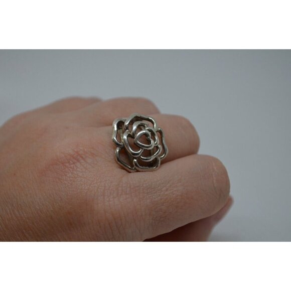 Sterling Silver Pendant & Ring Set Rose Outline w Heart Center NF Thailand 925 - Picture 8 of 11